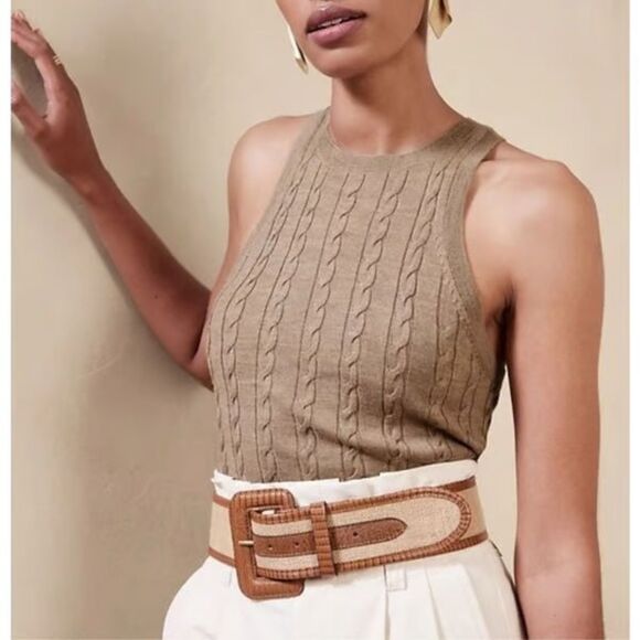 Banana Republic 100% Merino Wool Cavo Cable Knit Sweater Tank Khaki Tan Size XL - Picture 1 of 6